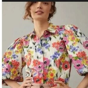 Maeve Anthropologie Rachel Cotton Collared Floral Balloon Sleeve Blouse Size 2X